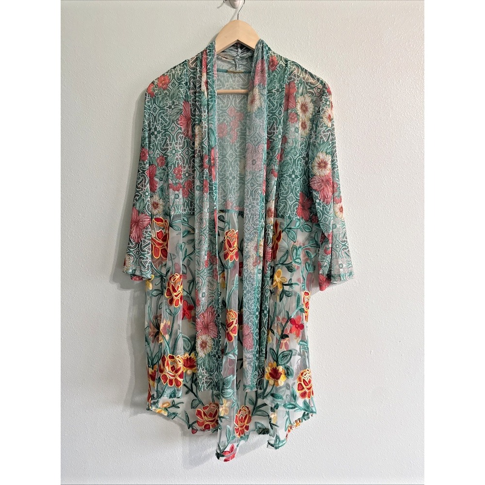 Ruby Rd Cardigan Duster Women's Size Large Open‎ Bright Colorful Velvet Floral